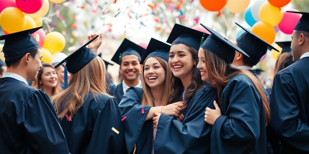 Graduates celebrating with caps, gowns, balloons, and confetti.