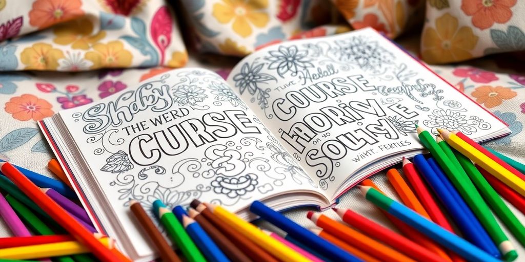 Coloring book with colorful curse words and art supplies.