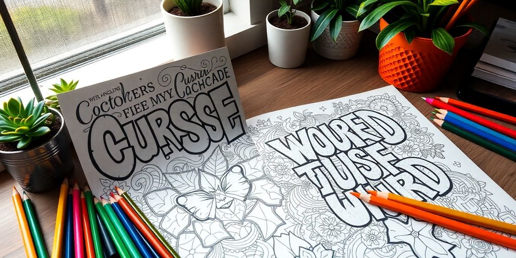 Coloring book spread with curse word designs and pencils.