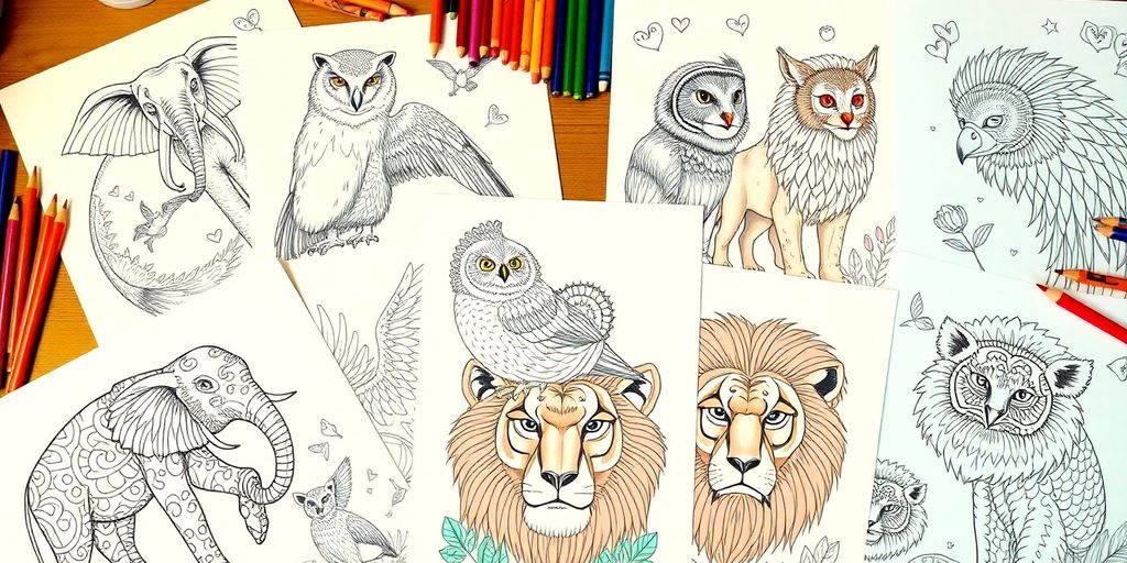 Colorful animal coloring book pages with artistic tools.