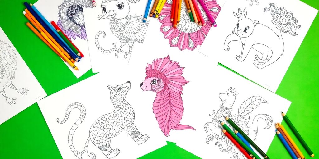 Colorful animal coloring book pages with crayons and pencils.