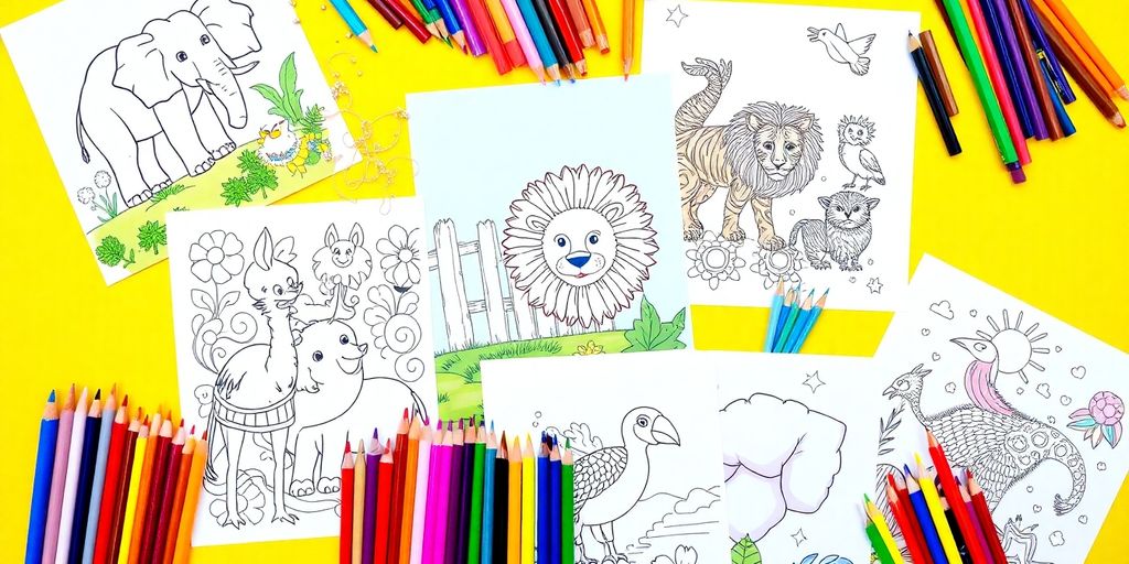 Colorful animal coloring book pages with art supplies.