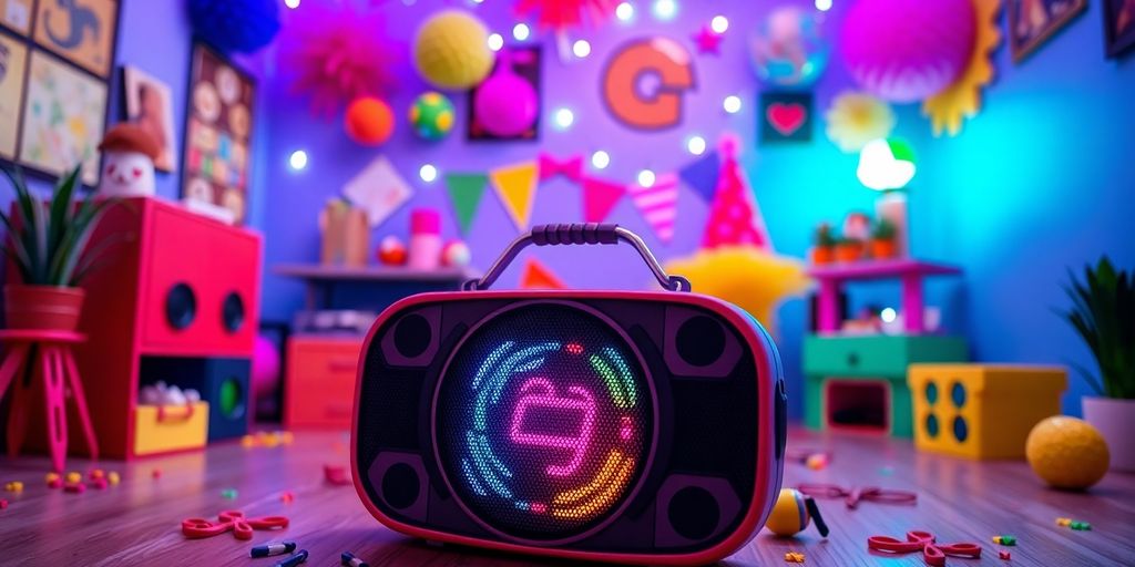 Colorful Bluetooth speaker in a stylish teenage room.