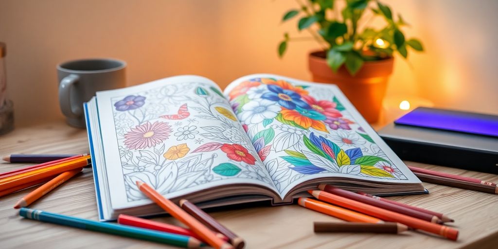 Color by numbers book with pencils in a cozy setting.