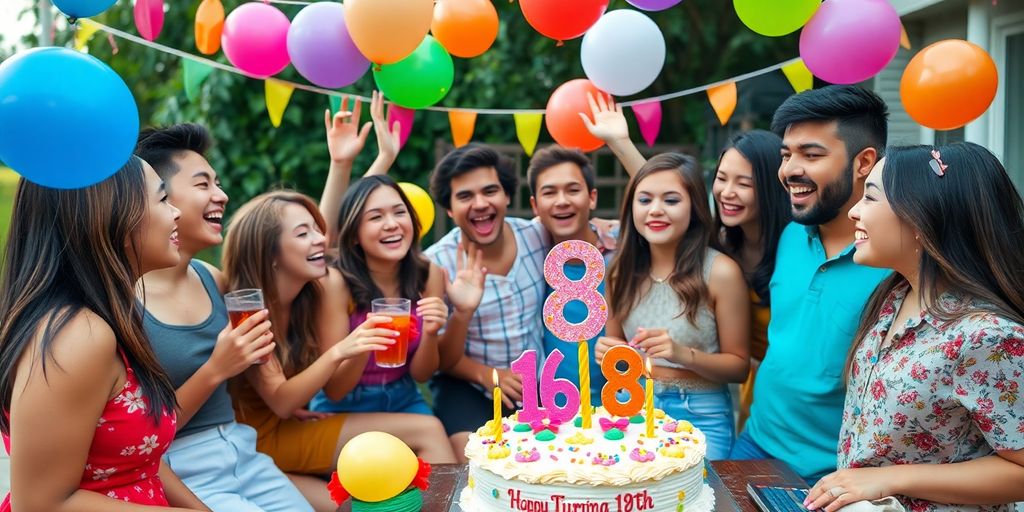 A joyful outdoor birthday party with friends and cake.