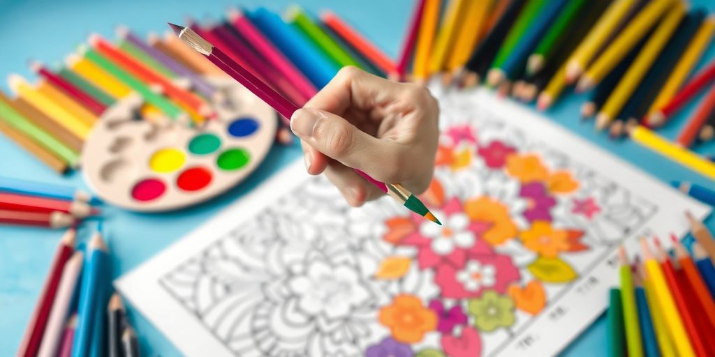 Hand with brush above colorful coloring book page.