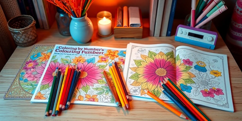 Colorful coloring books and pencils on a workspace.