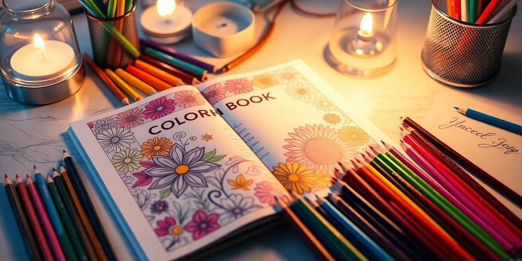 Coloring book by number with colored pencils on desk.