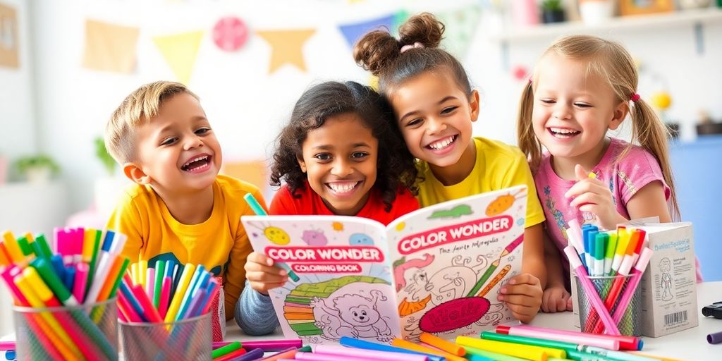Children coloring in a Color Wonder Coloring Book.