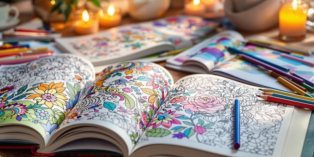 Coloring books and pencils in a cozy setting.