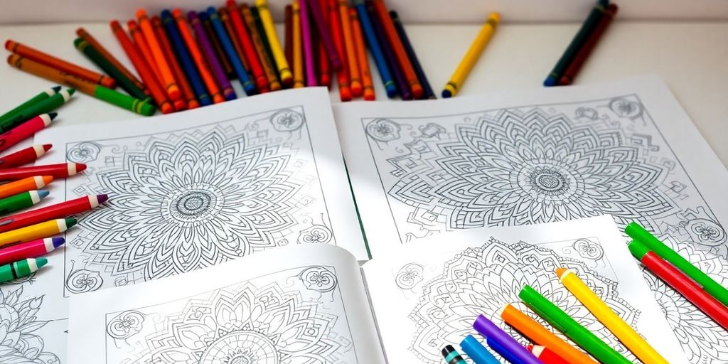 Coloring books and art supplies for creativity.