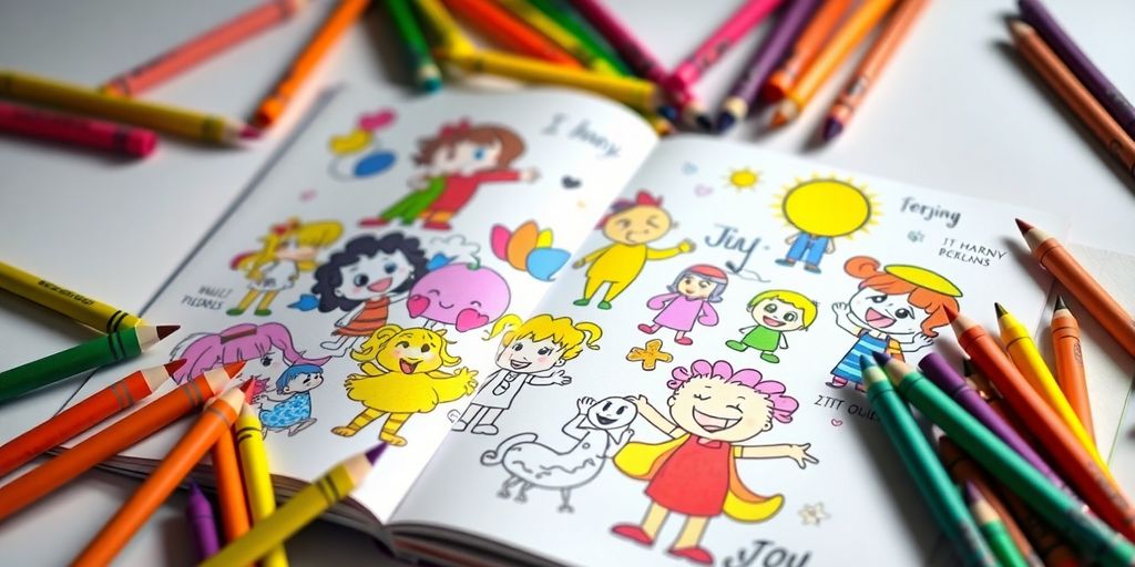 Colorful cartoon character coloring book with crayons.