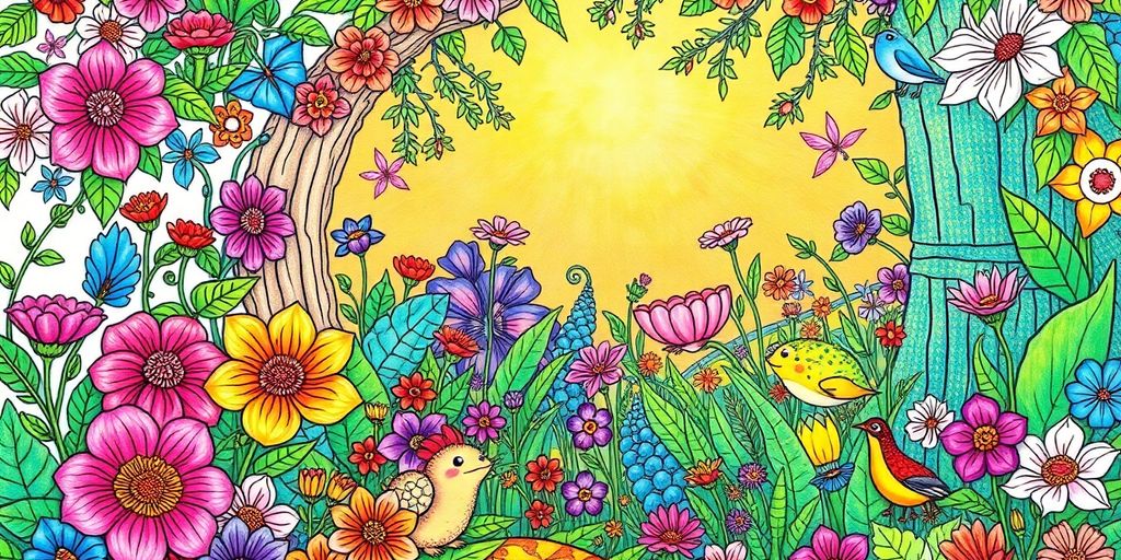 Colorful illustration from a secret garden coloring book.