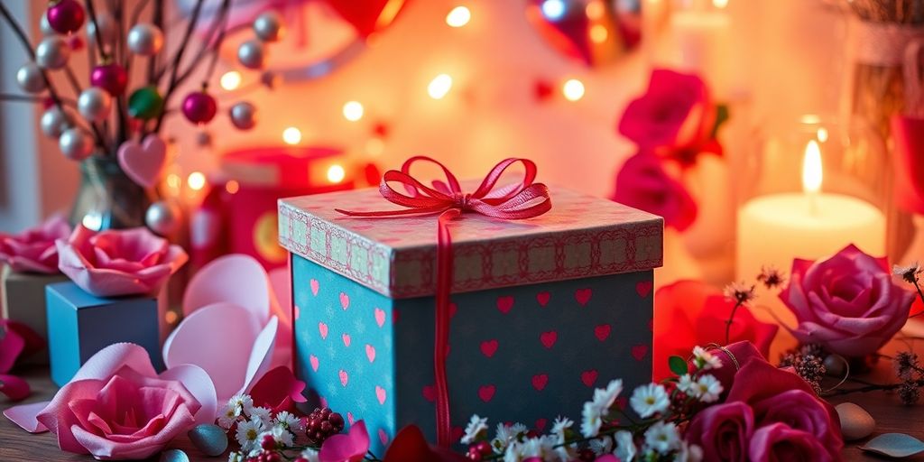 Gift box with flowers and decorations for fiancé.