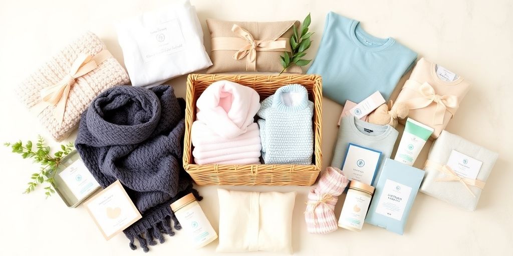 Gifts for pregnant women arranged on a soft background.