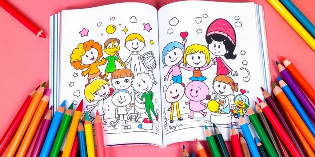 Coloring book with cartoon characters and art supplies.