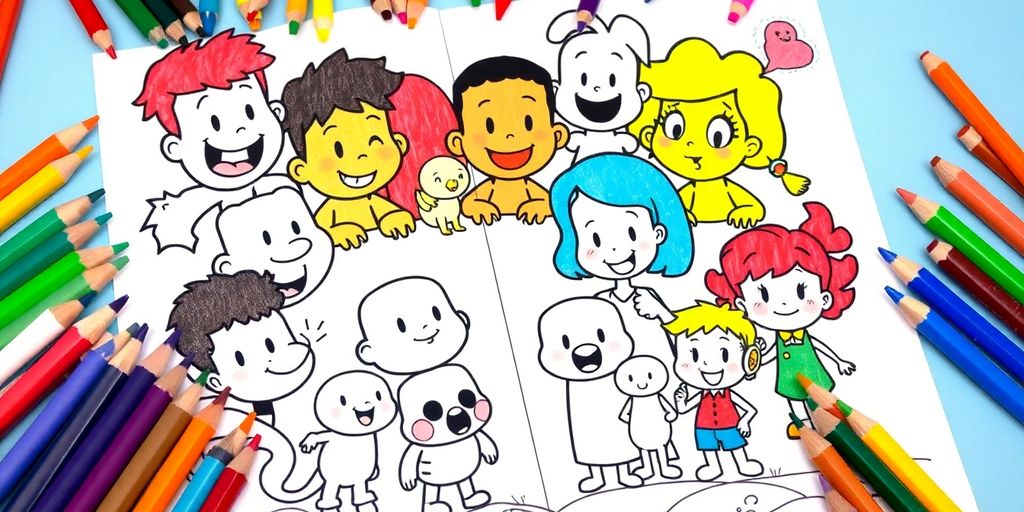 Colorful cartoon characters in a coloring book with crayons.