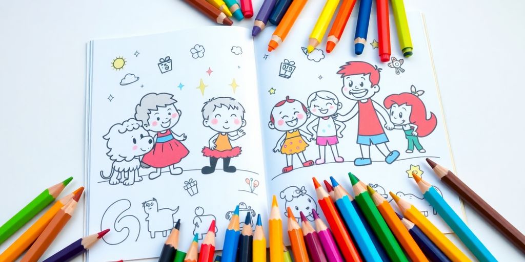 Coloring book with cartoon characters and colorful art supplies.