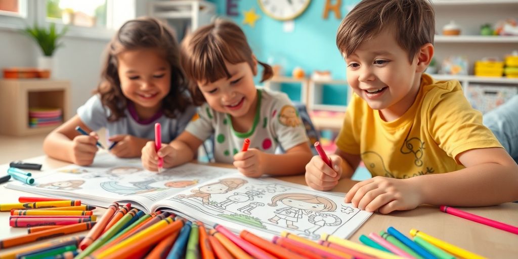 Children coloring cartoon characters in a bright setting.