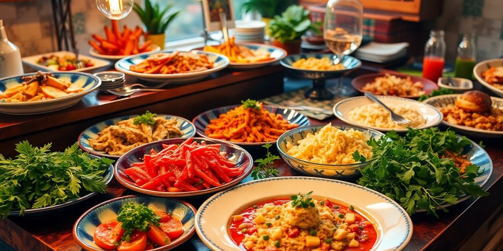 Colorful dishes and fresh ingredients for a birthday feast.