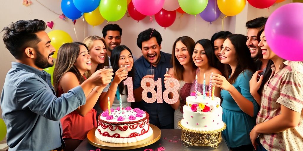 Group of friends celebrating 18th birthday with cake.
