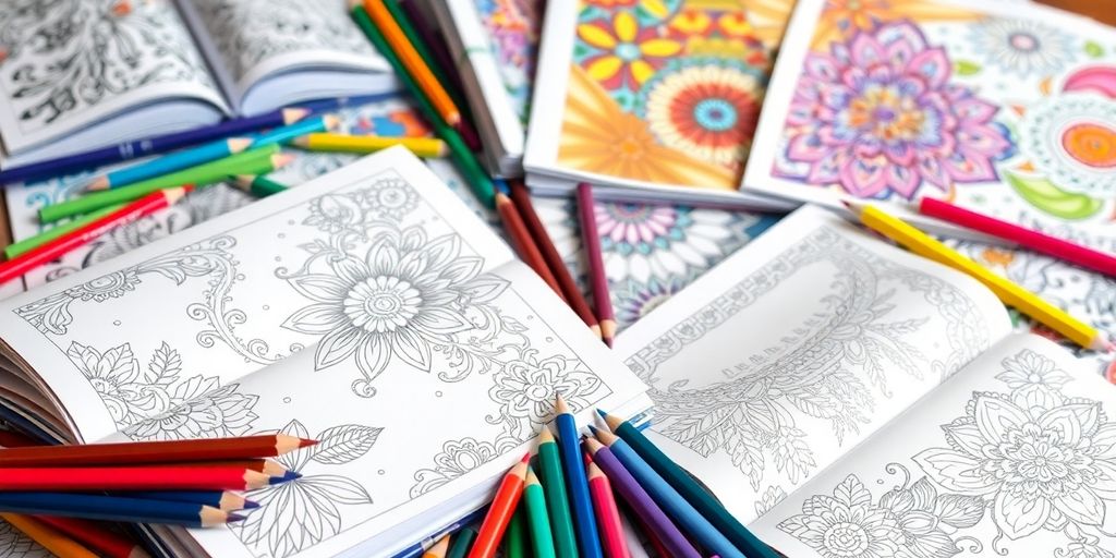 Colorful adult coloring books and tools for creative fun.