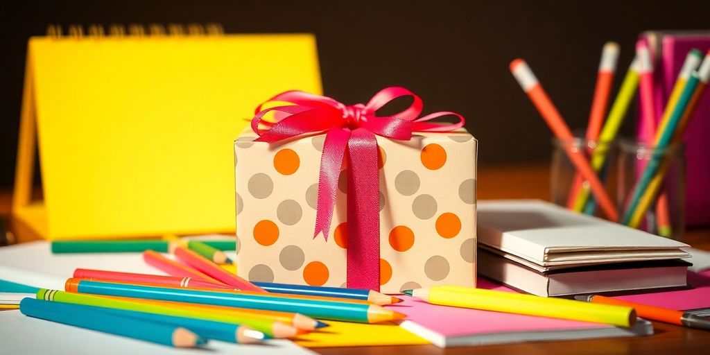 Gift box with office supplies for colleague's occasion.