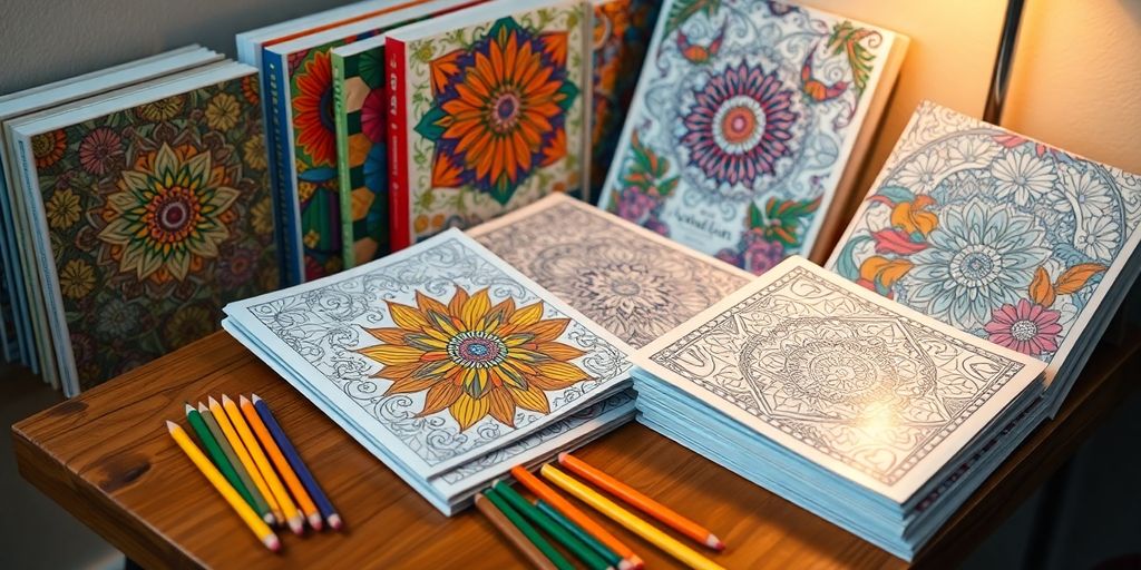 Adult coloring books with colored pencils on a table.