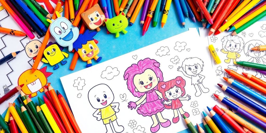 Colorful cartoon characters and coloring supplies for creative fun.