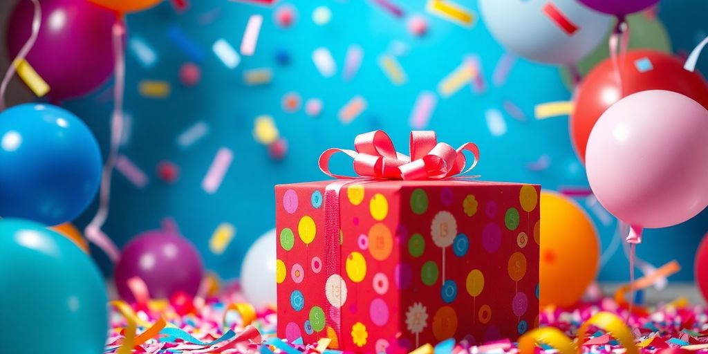 Colorful gift box with balloons and confetti for celebration.