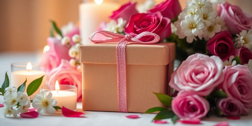 Gift box with flowers and candles for fiancé.