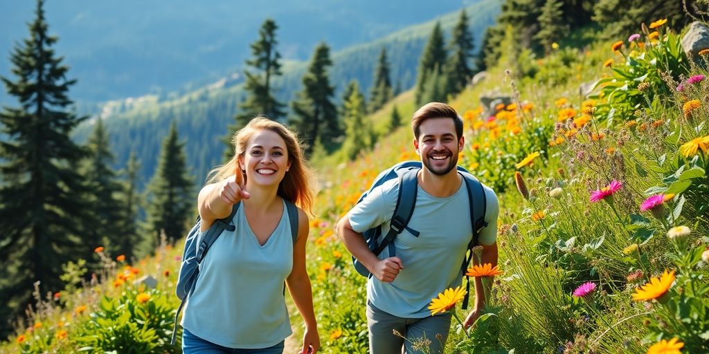 Couple hiking in a beautiful mountain landscape.