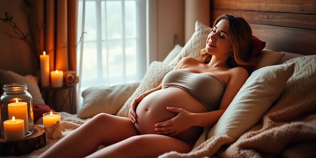 Pregnant woman relaxing surrounded by comfort items.