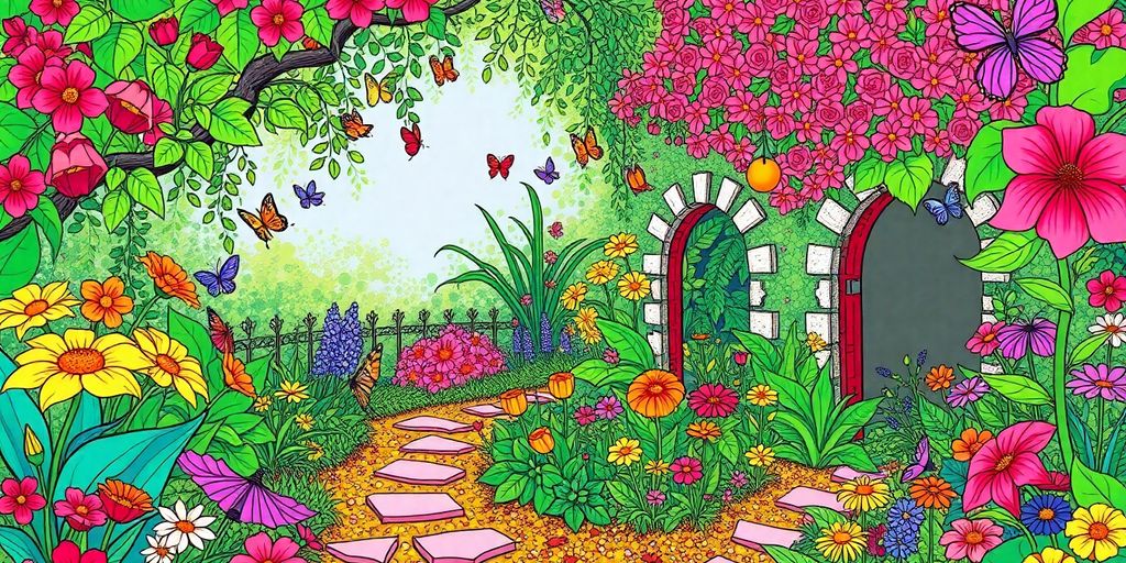 Colorful secret garden scene with flowers and greenery.