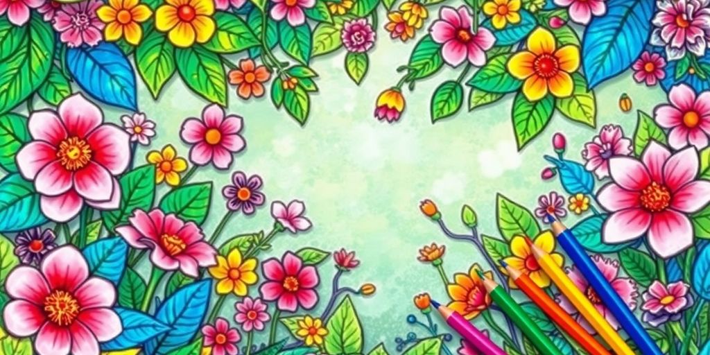Colorful garden scene with flowers and coloring tools.