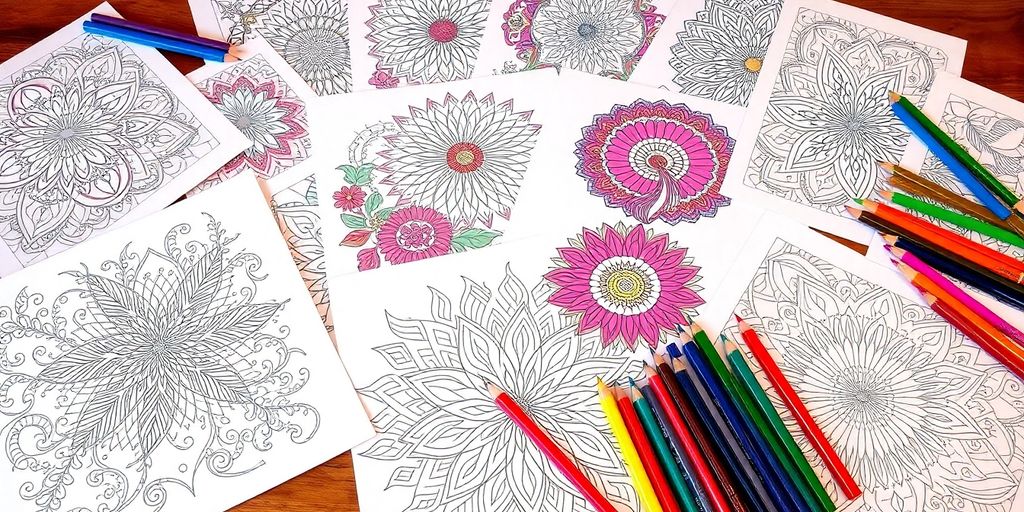 Coloring book pages with colored pencils on a table.