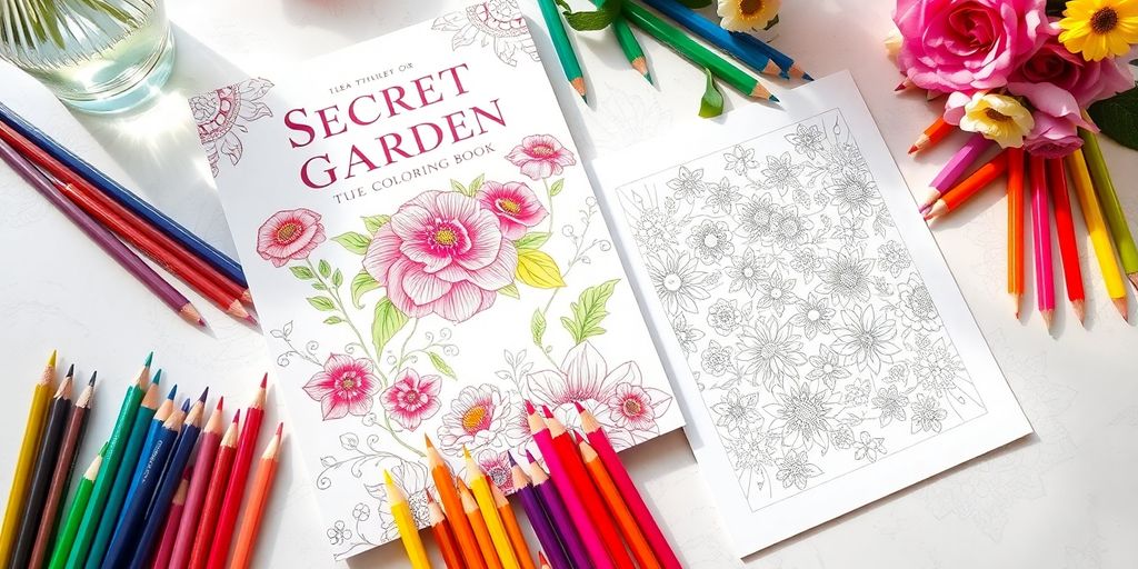 Coloring book with floral designs and colored pencils on table.