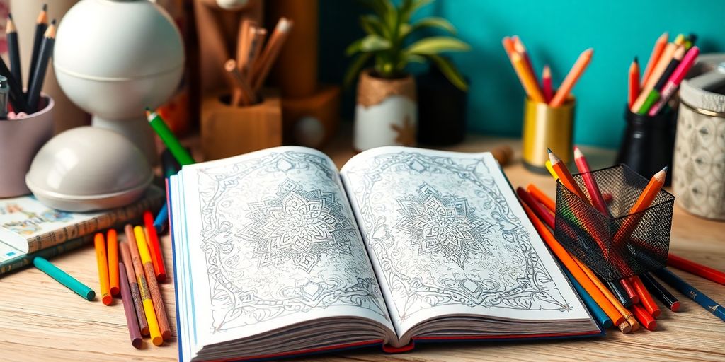 Coloring book and art supplies for creative relaxation.