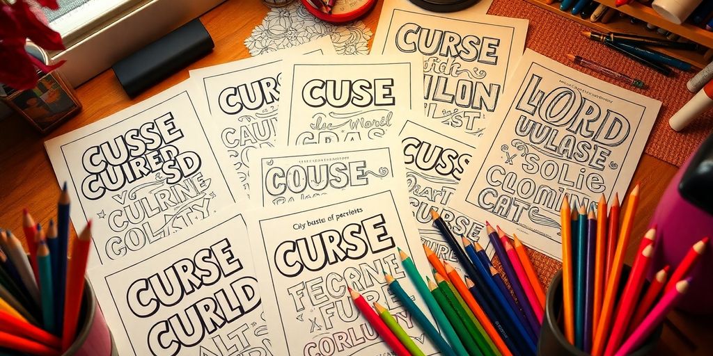 Colorful workspace with curse word coloring pages and pencils.