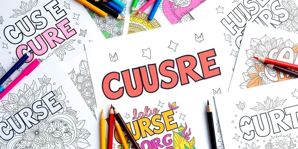 Colorful curse word coloring book pages with art supplies.