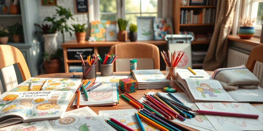 Coloring books and colored pencils on a creative workspace.