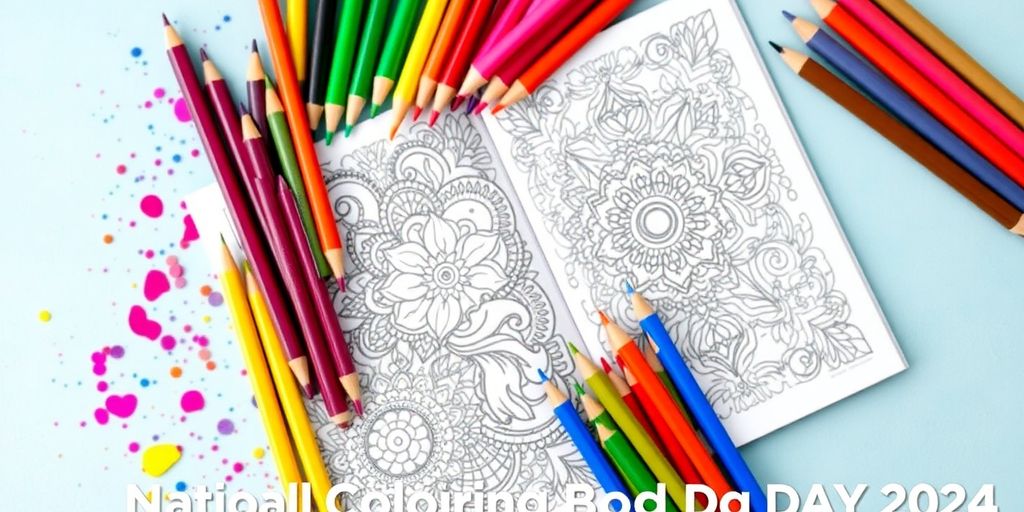 Colorful pencils and a coloring book on a table.
