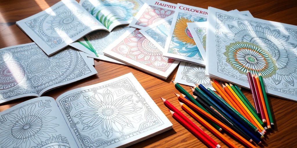 Coloring books and pencils on a wooden table.