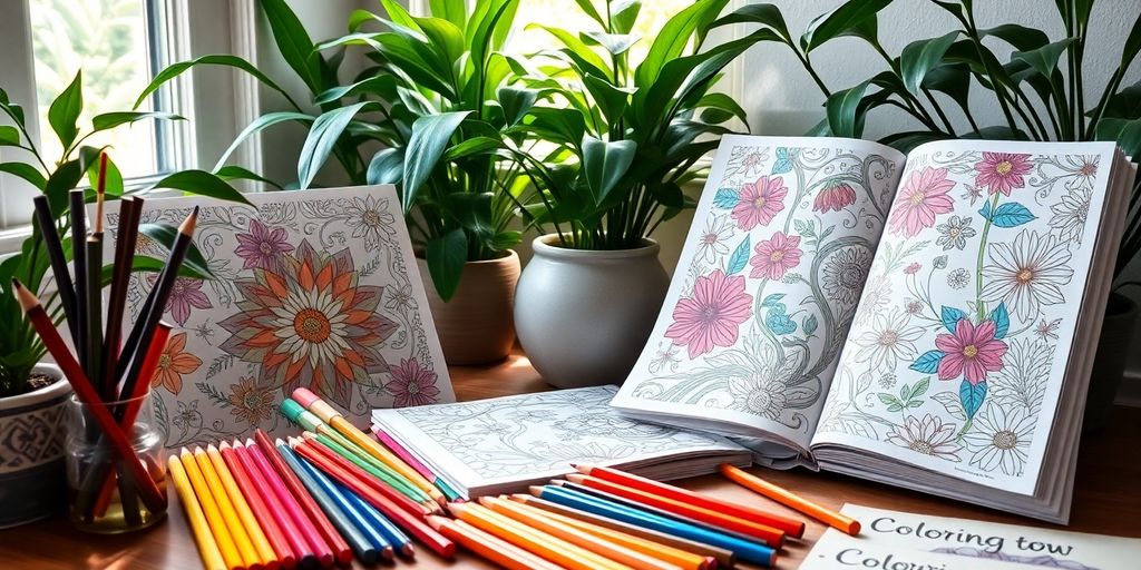 Adult coloring books and colored pencils in a cozy space.