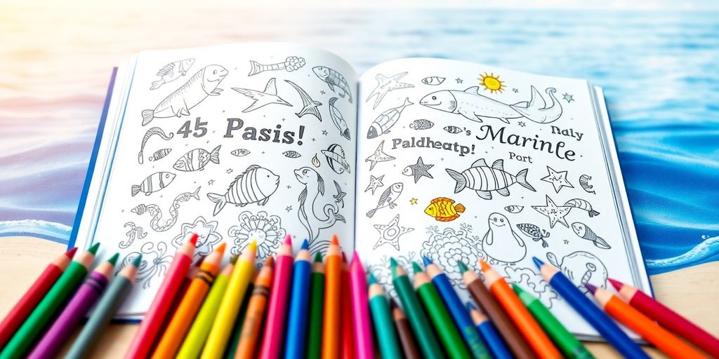 Open coloring book with marine life illustrations and crayons.