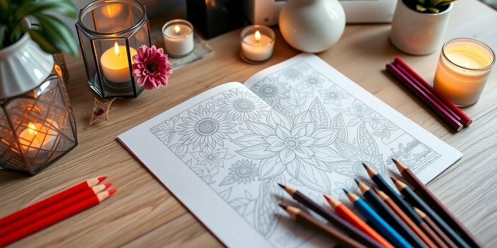 Coloring book and pencils in a calm workspace.