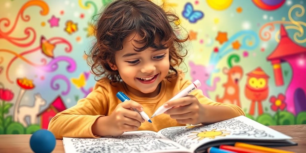 Child coloring with invisible marker in whimsical book.