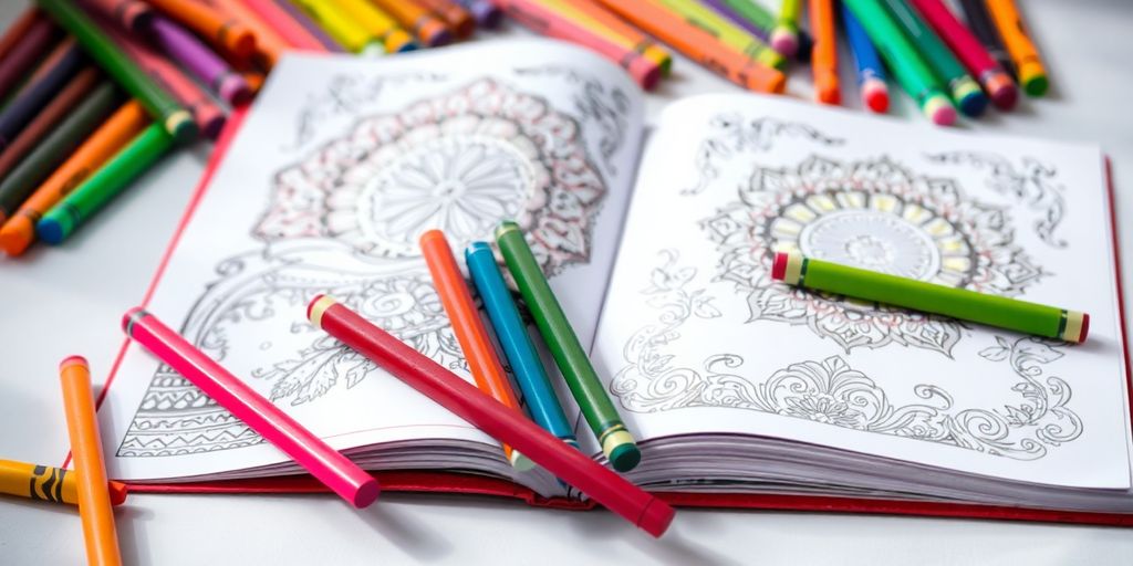 Coloring book with crayons and colorful designs.