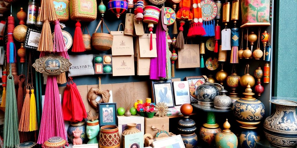Colorful international gifts and artifacts in a shop.