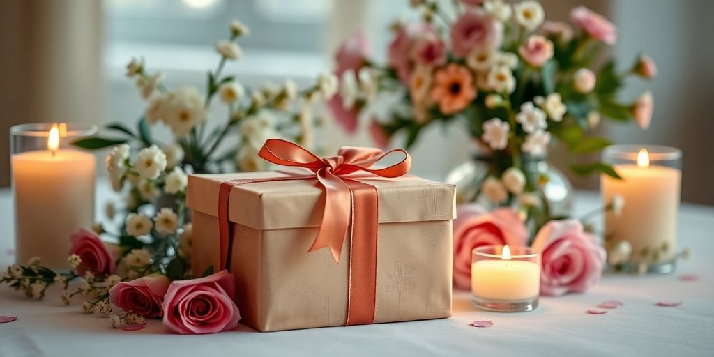 Gift box with ribbon and flowers on a table.